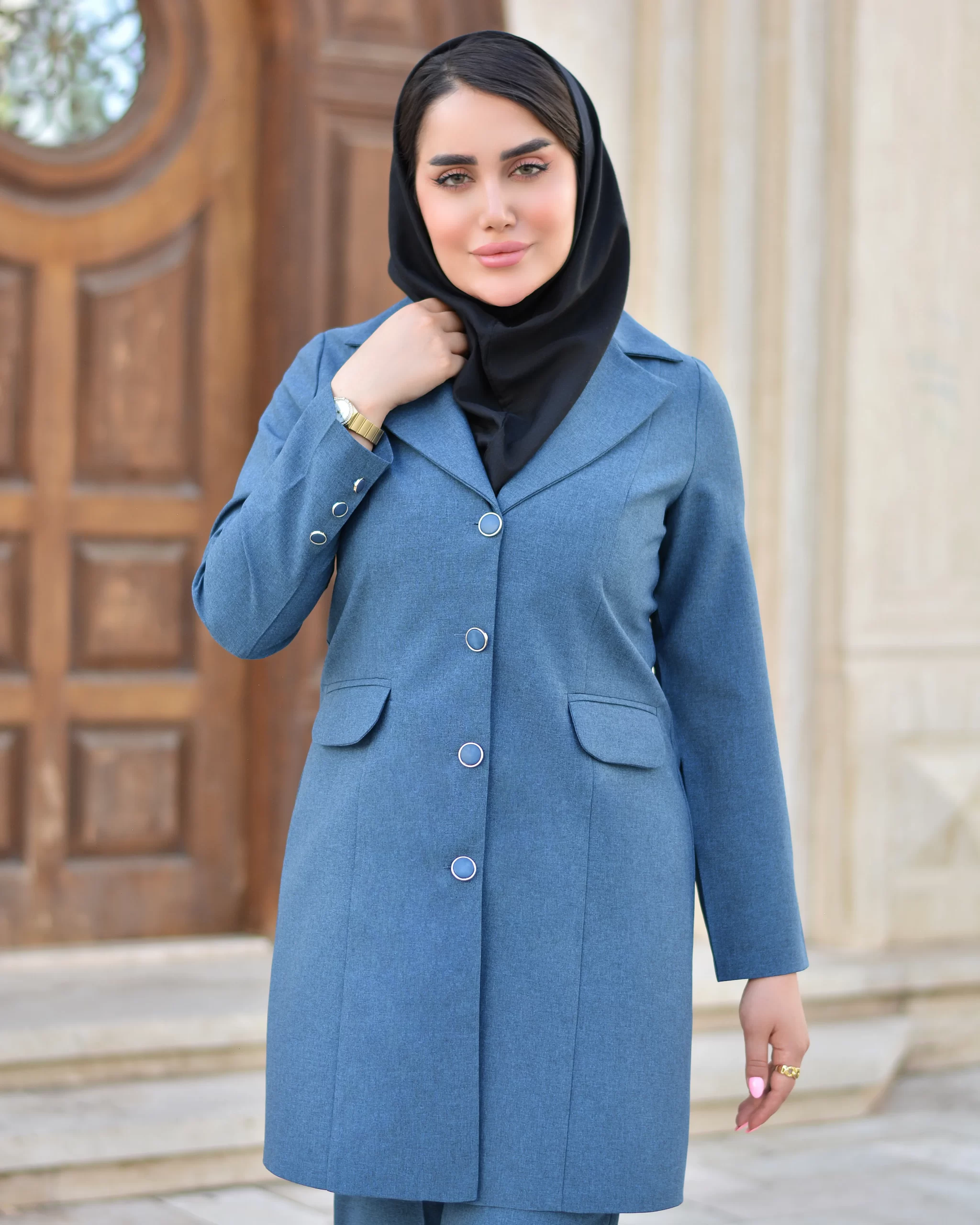 مانتو آمیگل - مانتو شلوار اداری مدل لطیفه رنگ آبی نفتی